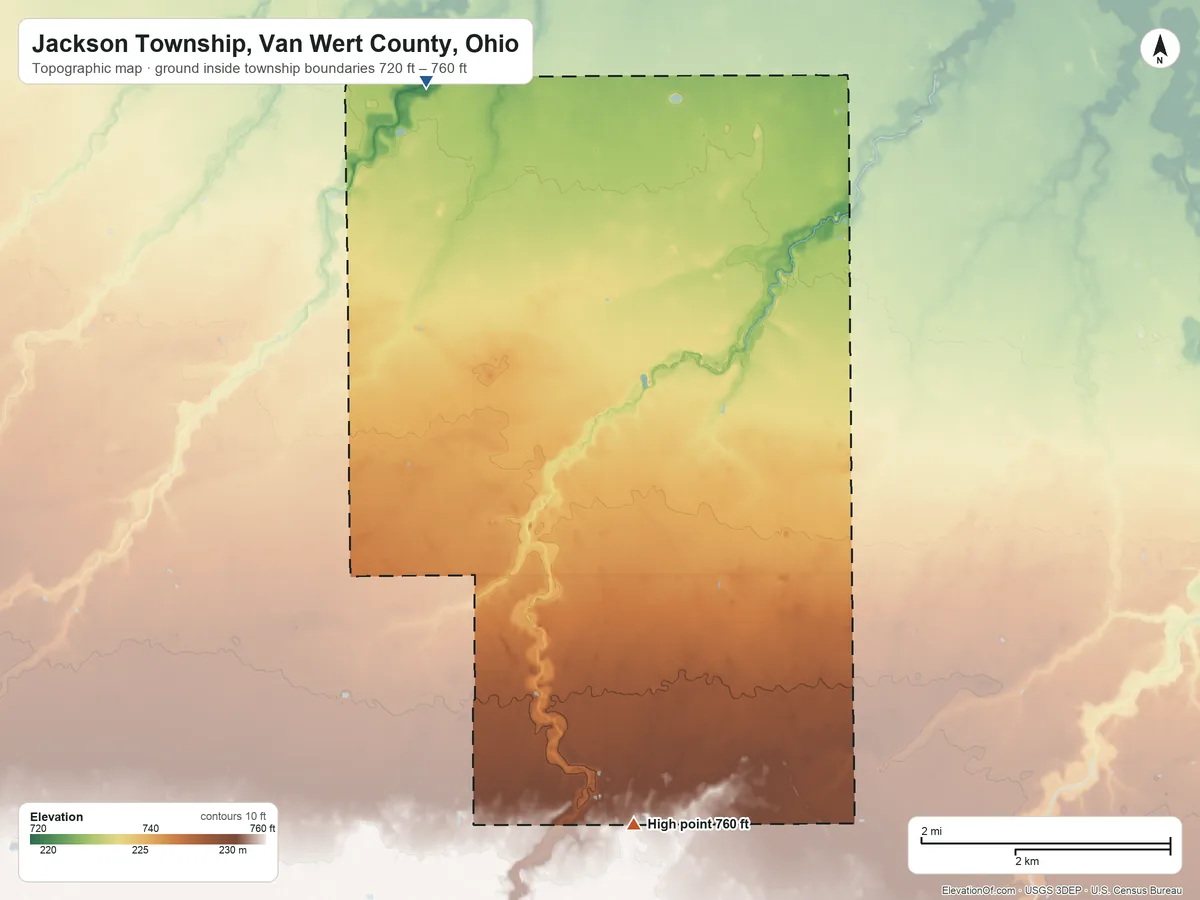 Topographic elevation map of Jackson Township, Van Wert County, Ohio, shaded from 720 ft on the northwest side to 760 ft on the south side