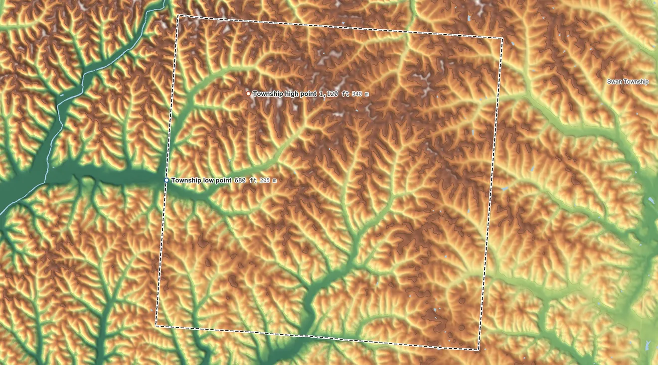 Topographic elevation map of Jackson Township, Vinton County, Ohio, shaded from 680 ft on the west side to 1,120 ft on the northwest side