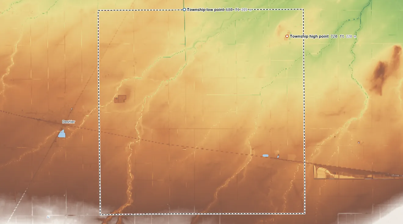 Topographic elevation map of Jackson Township, Wood County, Ohio, shaded from 680 ft on the north side to 720 ft on the northeast side