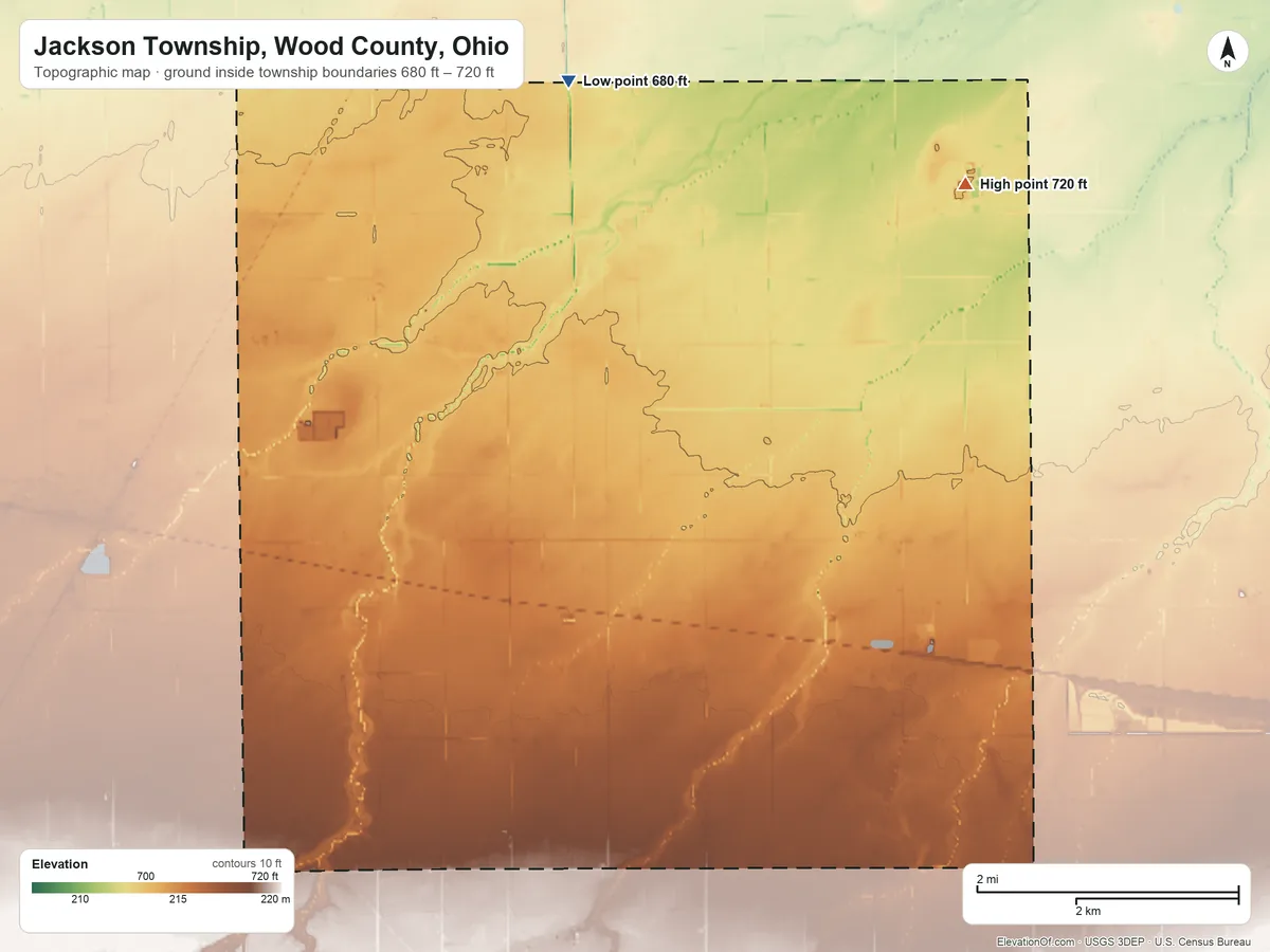 Topographic elevation map of Jackson Township, Wood County, Ohio, shaded from 680 ft on the north side to 720 ft on the northeast side