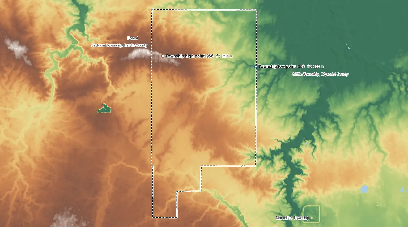Topographic elevation map of Jackson Township, Wyandot County, Ohio, shaded from 860 ft on the east side to 950 ft on the northwest side