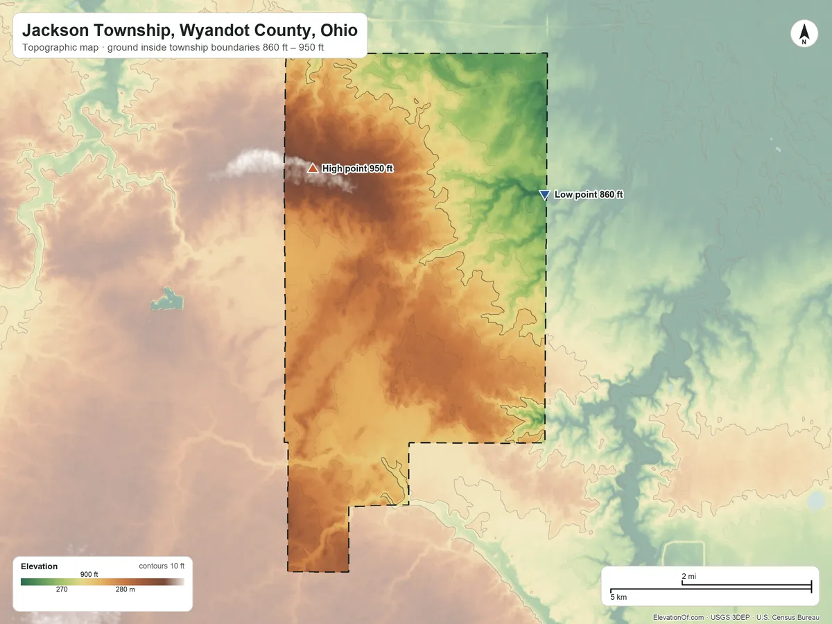 Topographic elevation map of Jackson Township, Wyandot County, Ohio, shaded from 860 ft on the east side to 950 ft on the northwest side