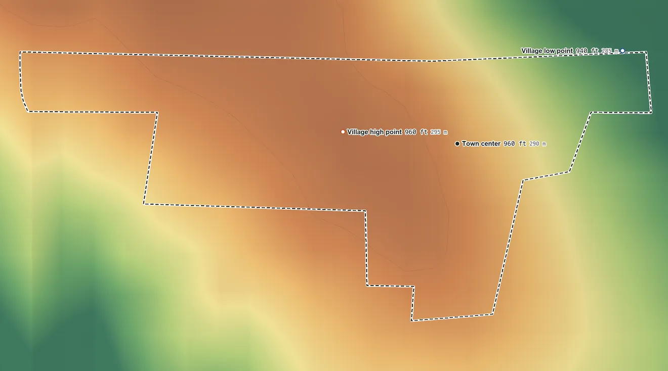 Topographic elevation map of Jacksonburg, Ohio, shaded from 940 ft on the northeast side to 960 ft on the west side