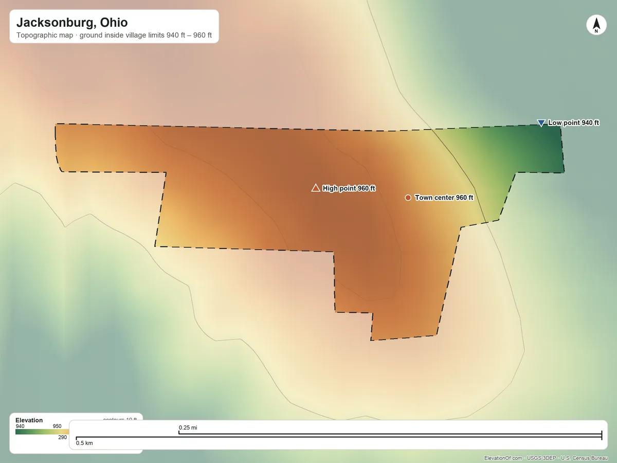 Topographic elevation map of Jacksonburg, Ohio, shaded from 940 ft on the northeast side to 960 ft on the west side