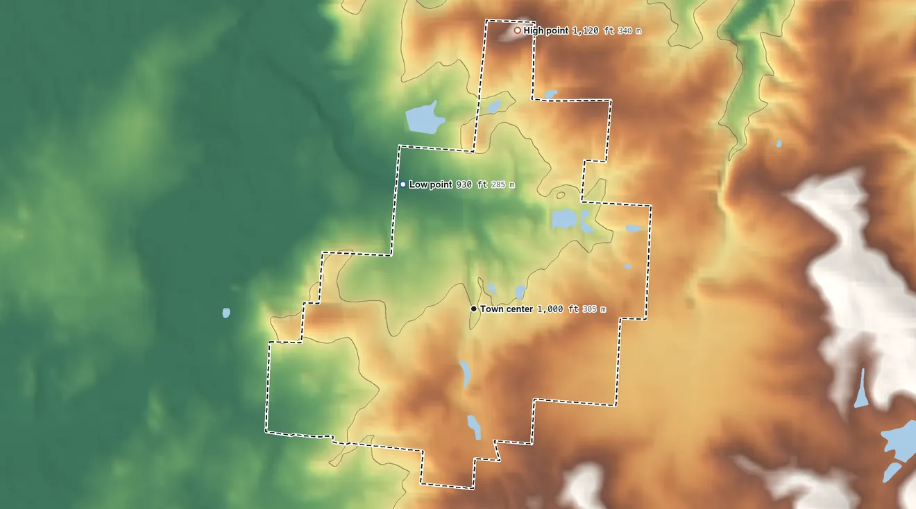 Topographic elevation map of Jacksontown, Ohio, shaded from 930 ft on the northwest side to 1,120 ft on the north side