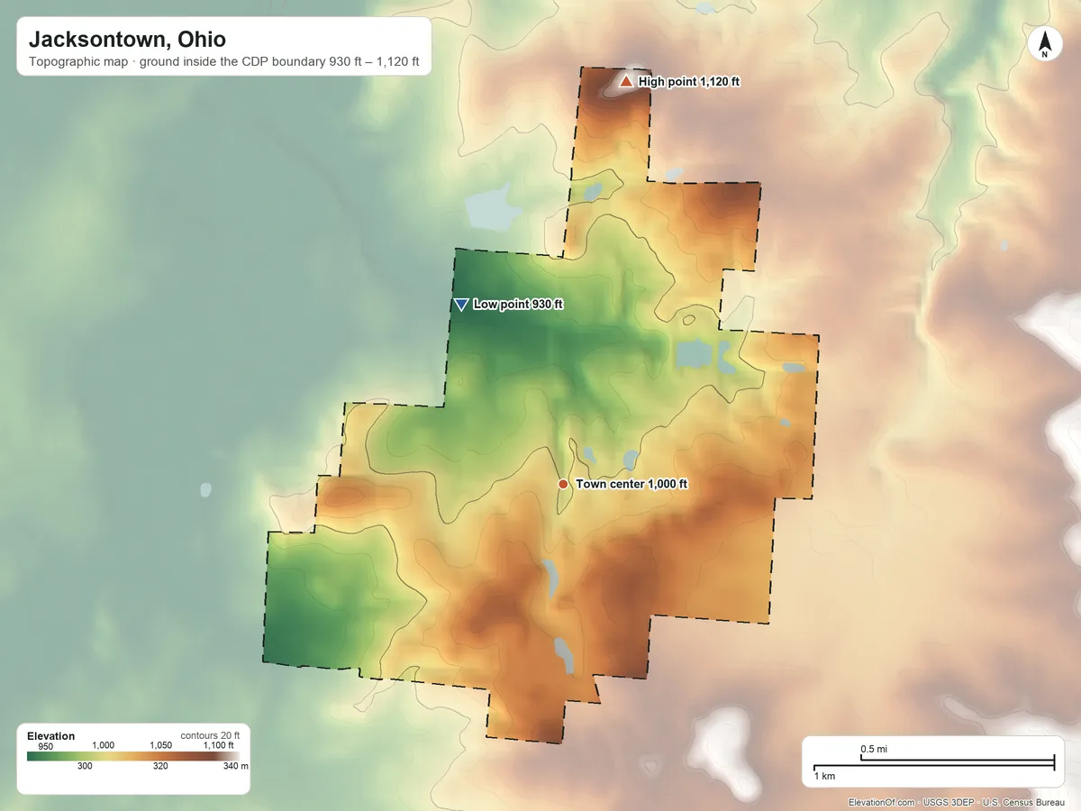 Topographic elevation map of Jacksontown, Ohio, shaded from 930 ft on the northwest side to 1,120 ft on the north side