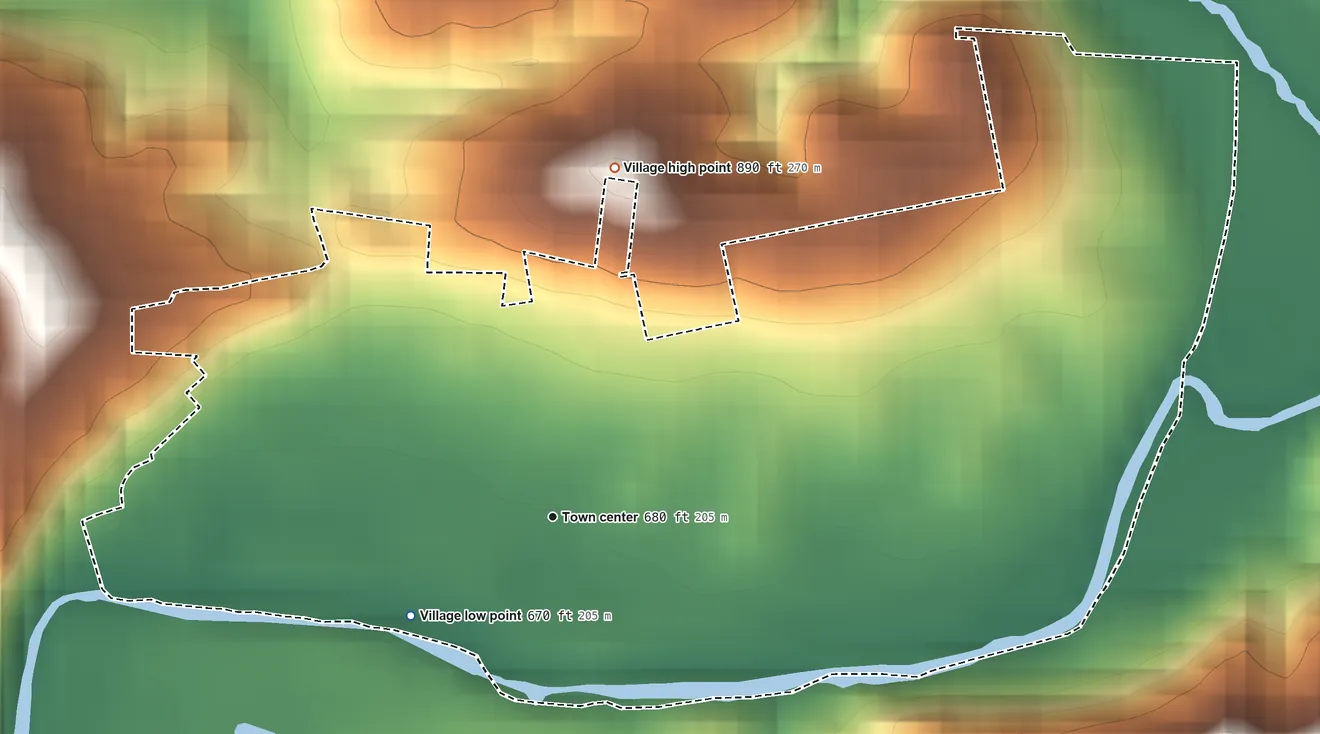 Topographic elevation map of Jacksonville, Ohio, shaded from 670 ft on the southwest side to 890 ft on the north side