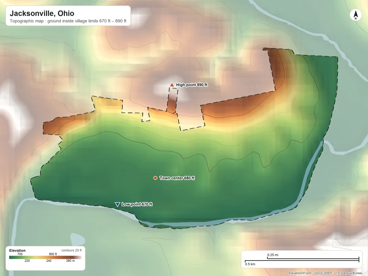Topographic elevation map of Jacksonville, Ohio, shaded from 670 ft on the southwest side to 890 ft on the north side