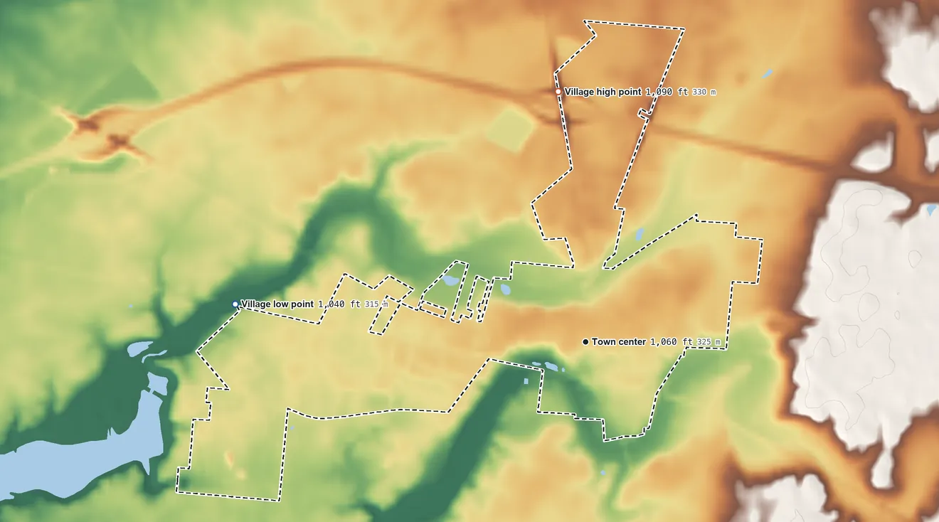 Topographic elevation map of Jamestown, Ohio, shaded from 1,040 ft on the west side to 1,090 ft on the north side