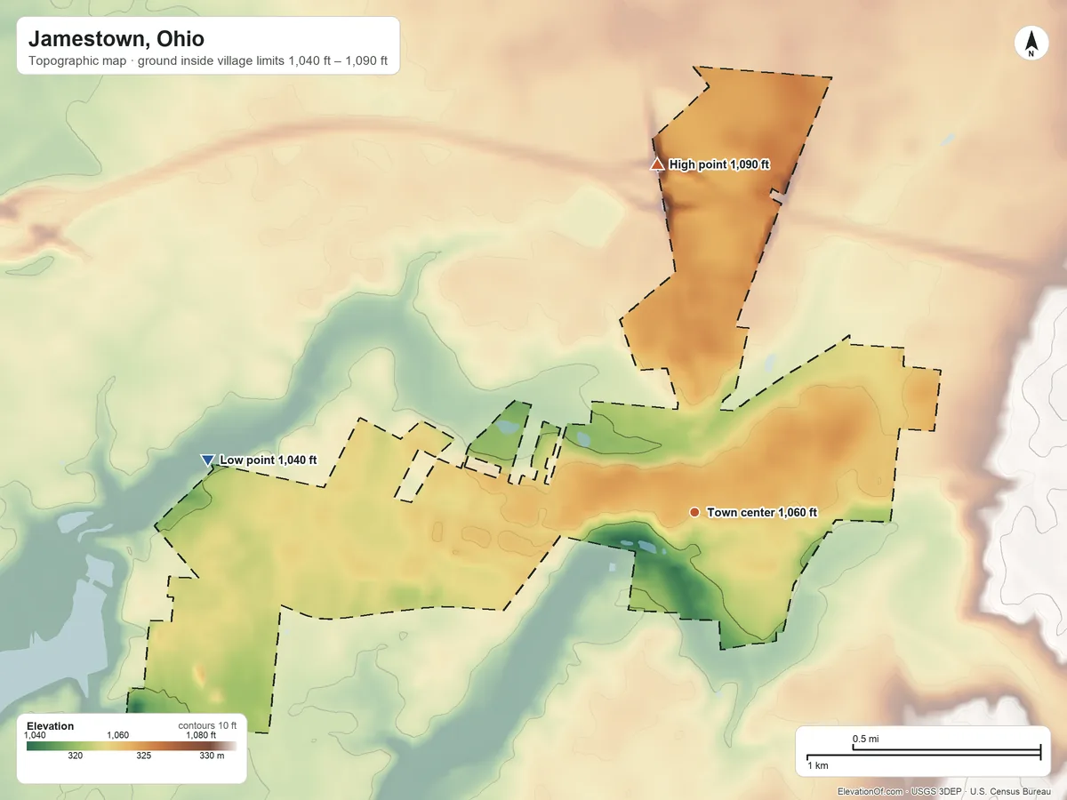 Topographic elevation map of Jamestown, Ohio, shaded from 1,040 ft on the west side to 1,090 ft on the north side