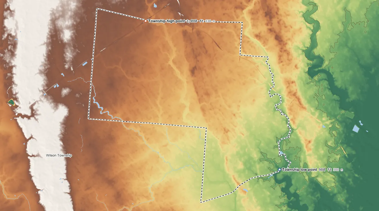 Topographic elevation map of Jasper Township, Ohio, shaded from 980 ft on the southeast side to 1,080 ft on the northwest side