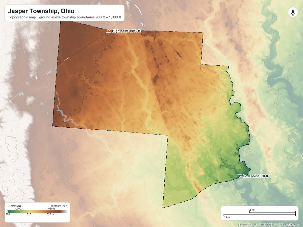 Topographic elevation map of Jasper Township, Ohio, shaded from 980 ft on the southeast side to 1,080 ft on the northwest side