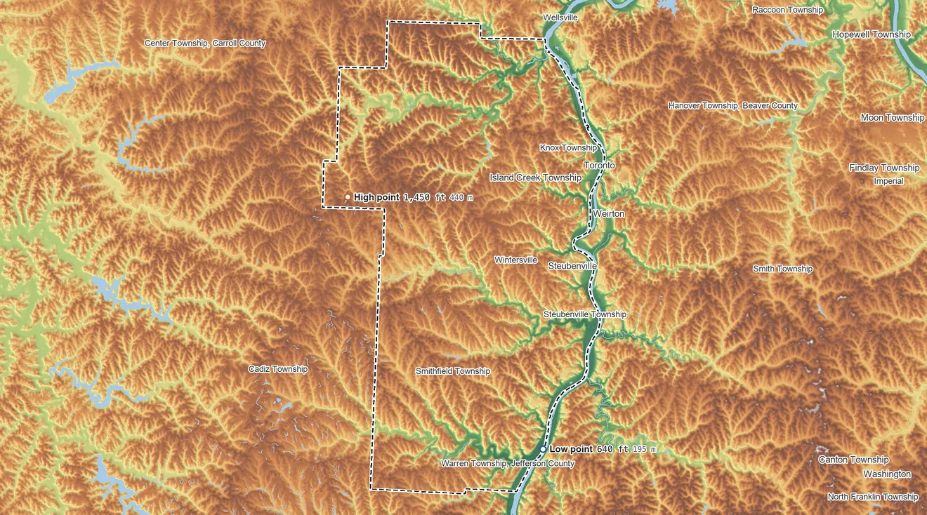 Topographic elevation map of Jefferson County, Ohio, shaded from 640 ft on the southeast side to 1,450 ft on the northwest side