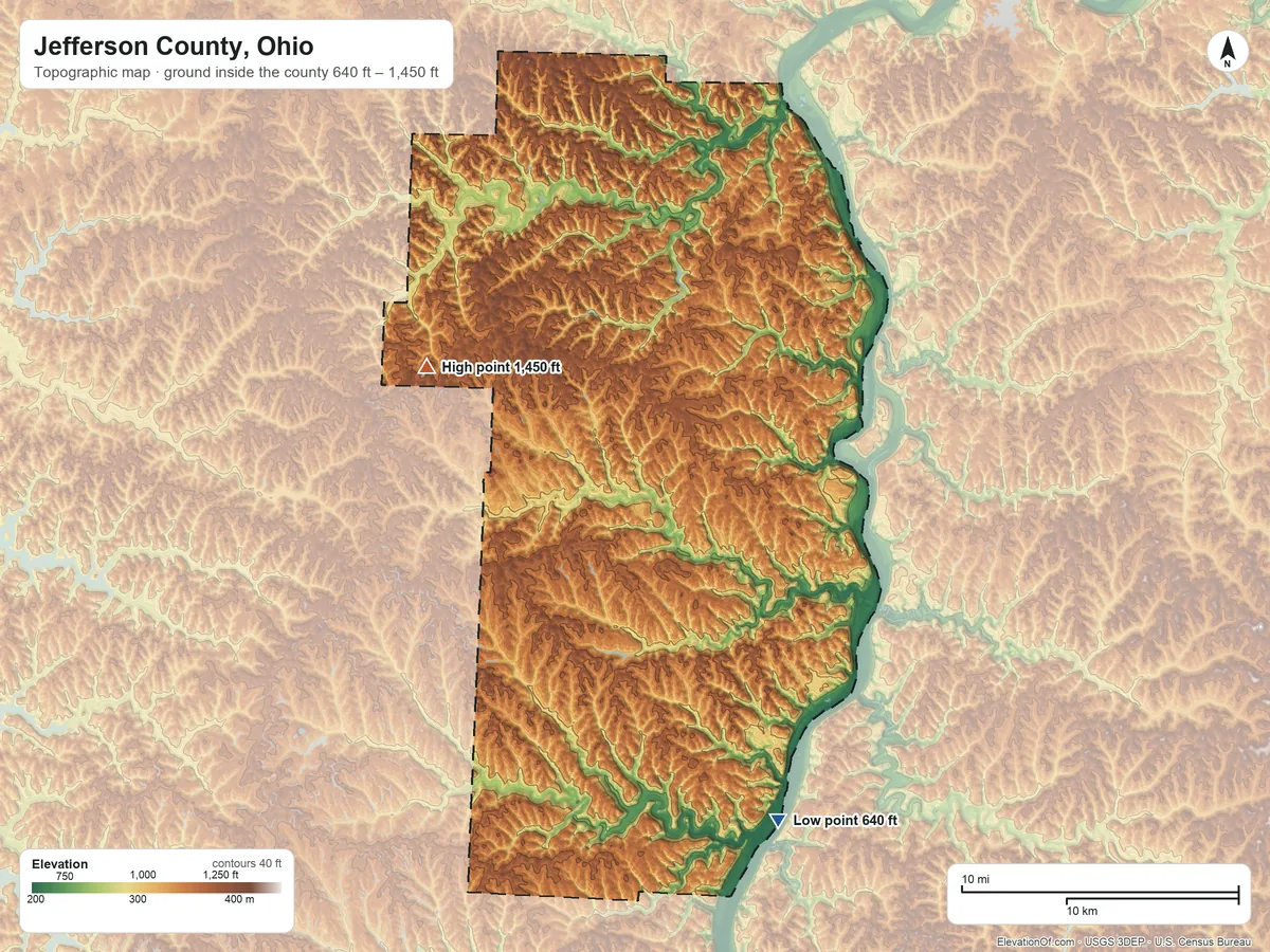 Topographic elevation map of Jefferson County, Ohio, shaded from 640 ft on the southeast side to 1,450 ft on the northwest side
