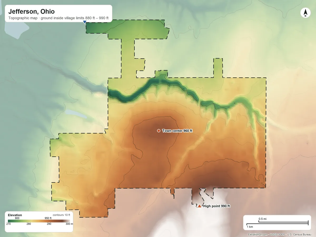 Topographic elevation map of Jefferson, Ohio, shaded from 880 ft on the northwest side to 990 ft on the southeast side