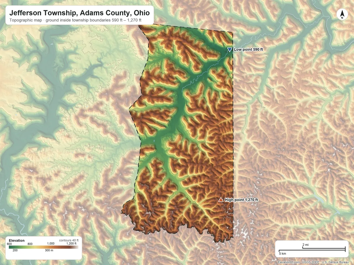 Topographic elevation map of Jefferson Township, Adams County, Ohio, shaded from 590 ft on the northeast side to 1,270 ft on the southeast side