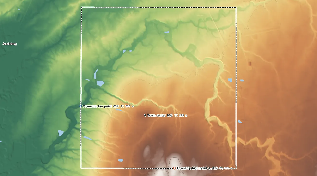 Topographic elevation map of Jefferson Township, Ashtabula County, Ohio, shaded from 820 ft on the west side to 1,010 ft on the southeast side