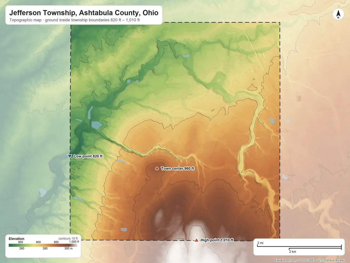 Topographic elevation map of Jefferson Township, Ashtabula County, Ohio, shaded from 820 ft on the west side to 1,010 ft on the southeast side