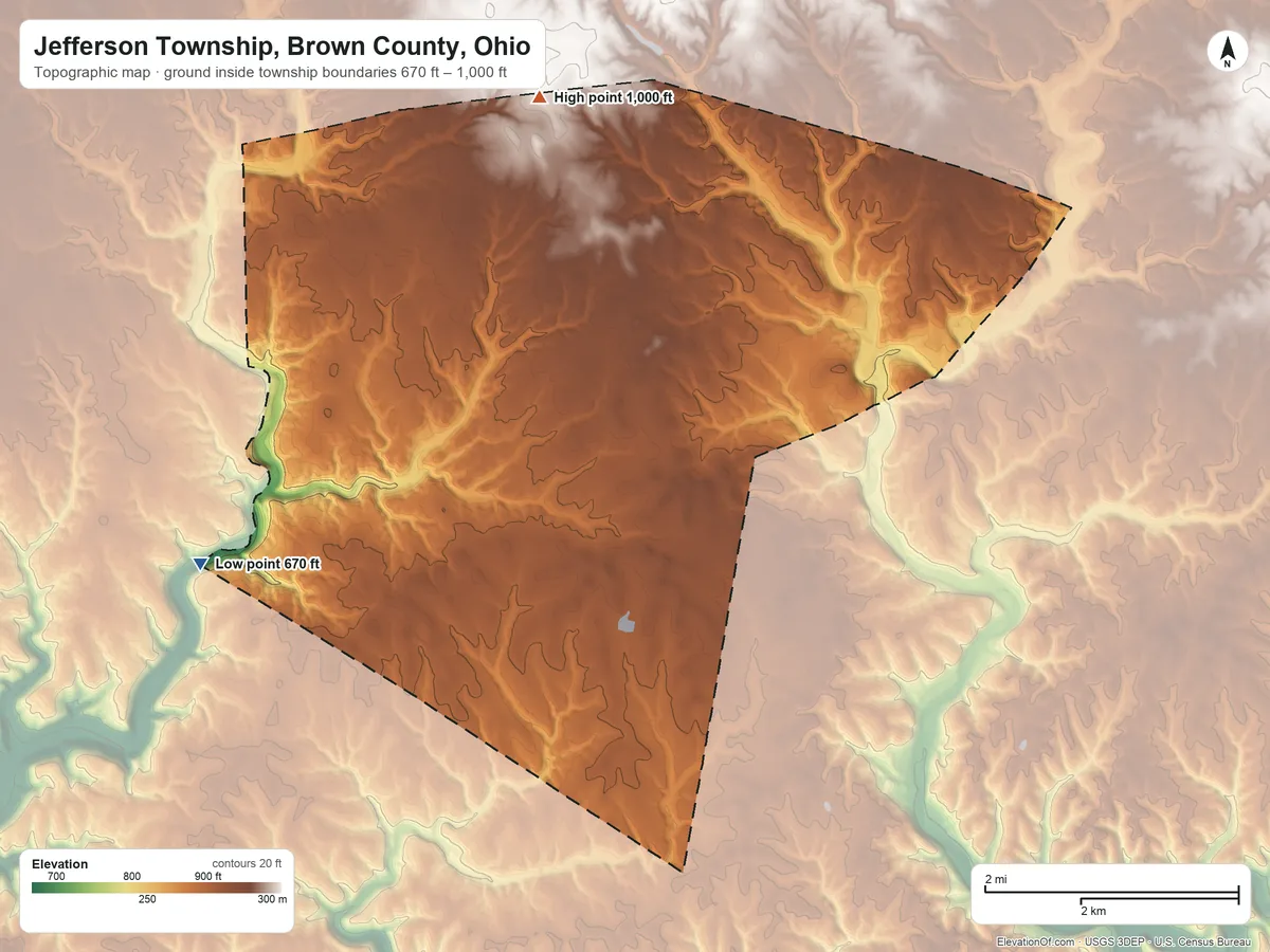 Topographic elevation map of Jefferson Township, Brown County, Ohio, shaded from 670 ft on the southwest side to 1,000 ft on the north side