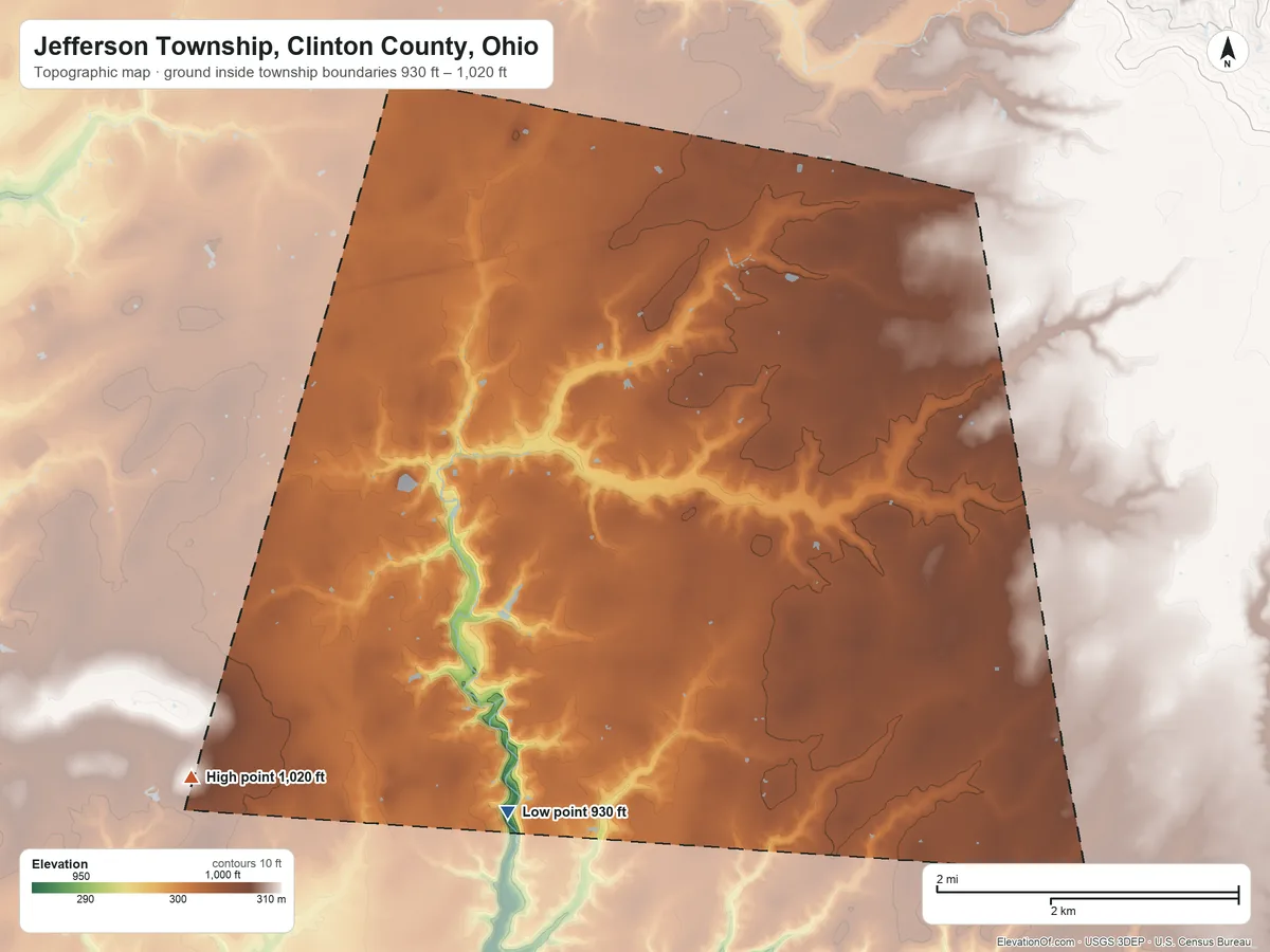Topographic elevation map of Jefferson Township, Clinton County, Ohio, shaded from 930 ft on the south side to 1,020 ft on the southwest side