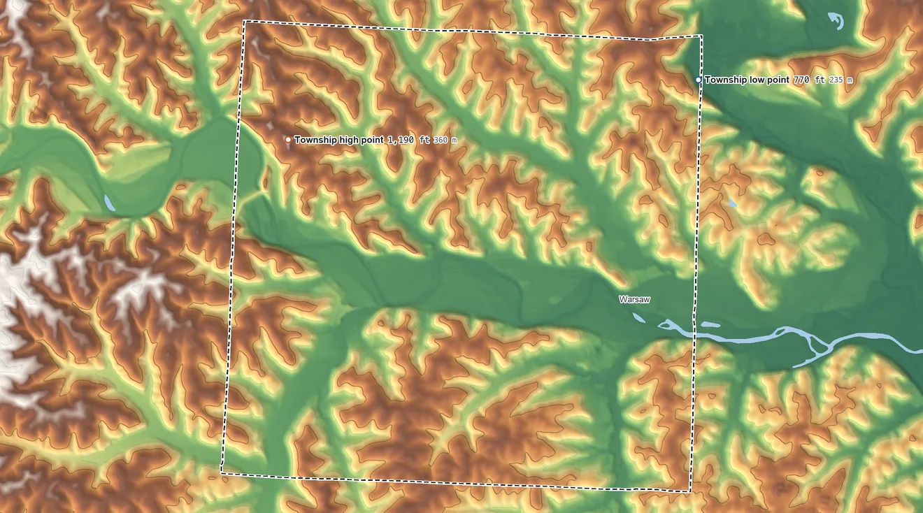 Topographic elevation map of Jefferson Township, Coshocton County, Ohio, shaded from 770 ft on the northeast side to 1,190 ft on the northwest side