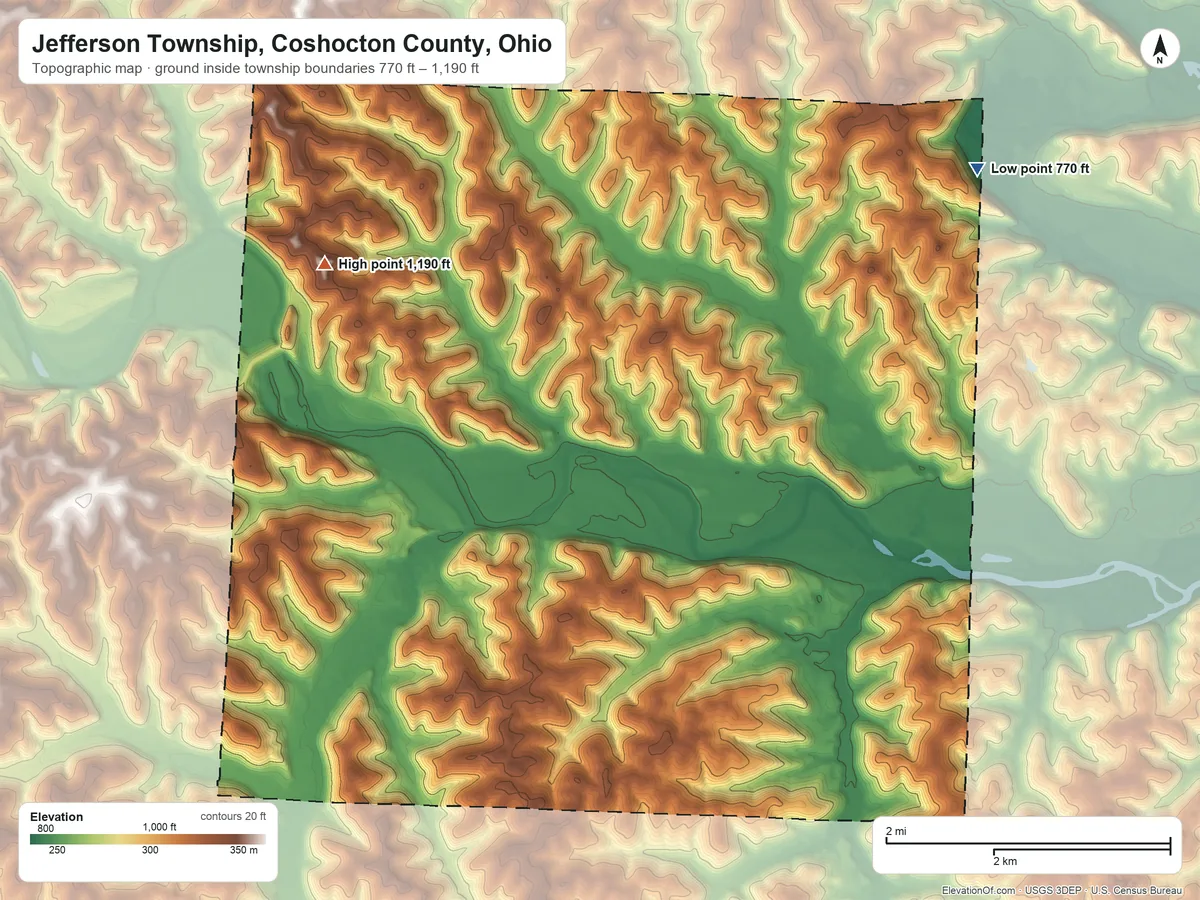Topographic elevation map of Jefferson Township, Coshocton County, Ohio, shaded from 770 ft on the northeast side to 1,190 ft on the northwest side