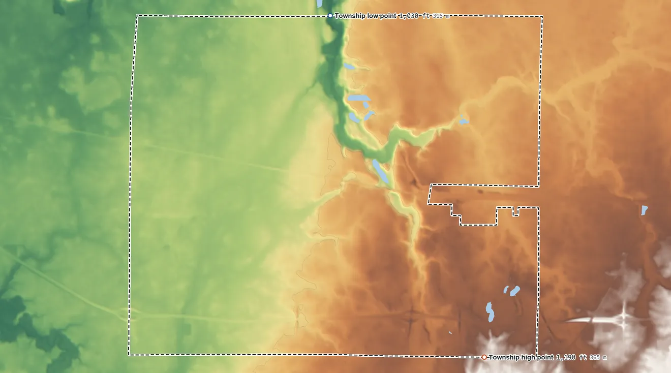 Topographic elevation map of Jefferson Township, Crawford County, Ohio, shaded from 1,030 ft on the north side to 1,190 ft on the southeast side