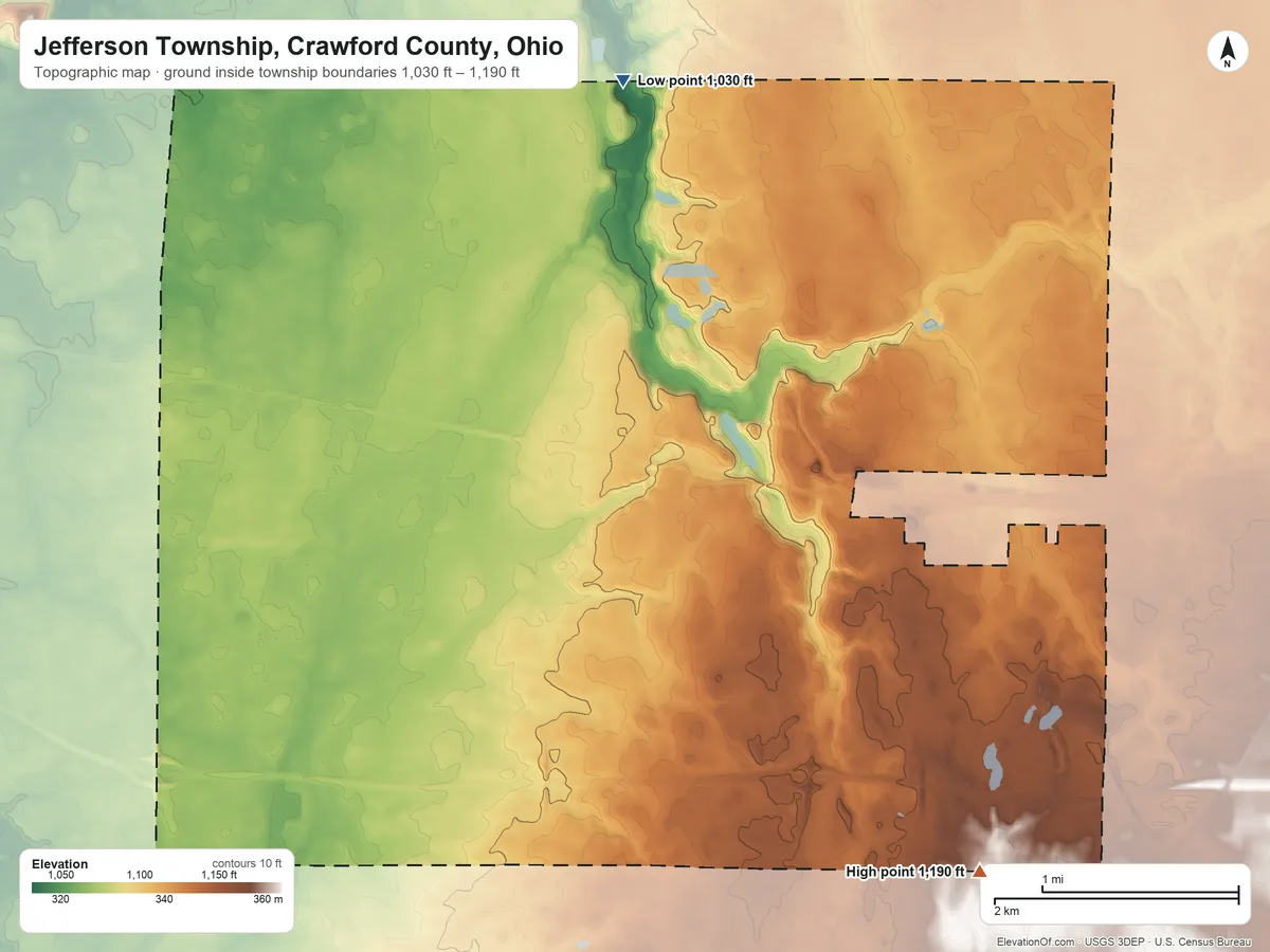 Topographic elevation map of Jefferson Township, Crawford County, Ohio, shaded from 1,030 ft on the north side to 1,190 ft on the southeast side