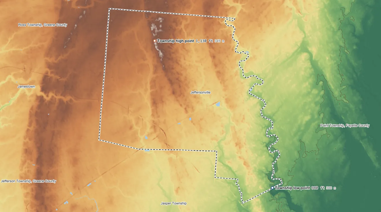 Topographic elevation map of Jefferson Township, Fayette County, Ohio, shaded from 980 ft on the southeast side to 1,130 ft on Dumpling Hill