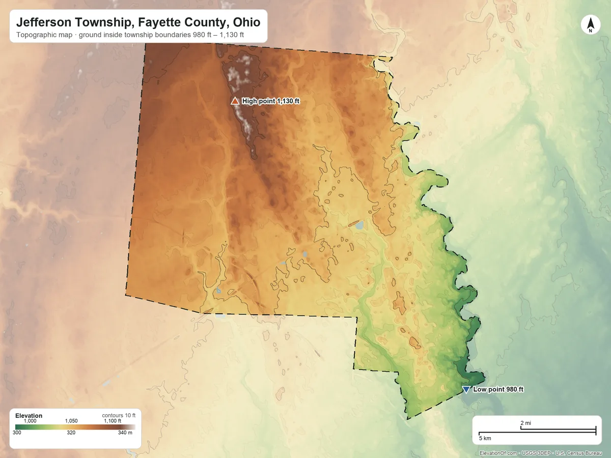 Topographic elevation map of Jefferson Township, Fayette County, Ohio, shaded from 980 ft on the southeast side to 1,130 ft on Dumpling Hill