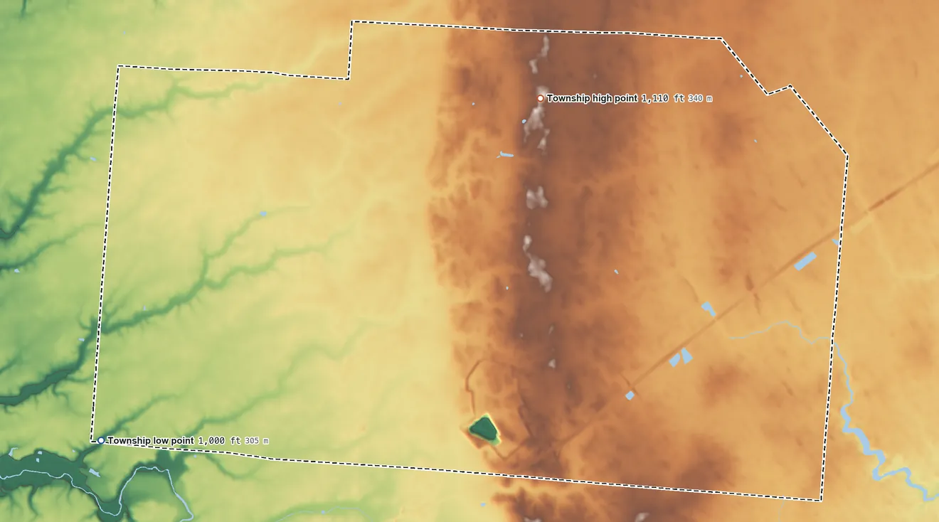 Topographic elevation map of Jefferson Township, Greene County, Ohio, shaded from 1,000 ft on the southwest side to 1,110 ft on the northeast side