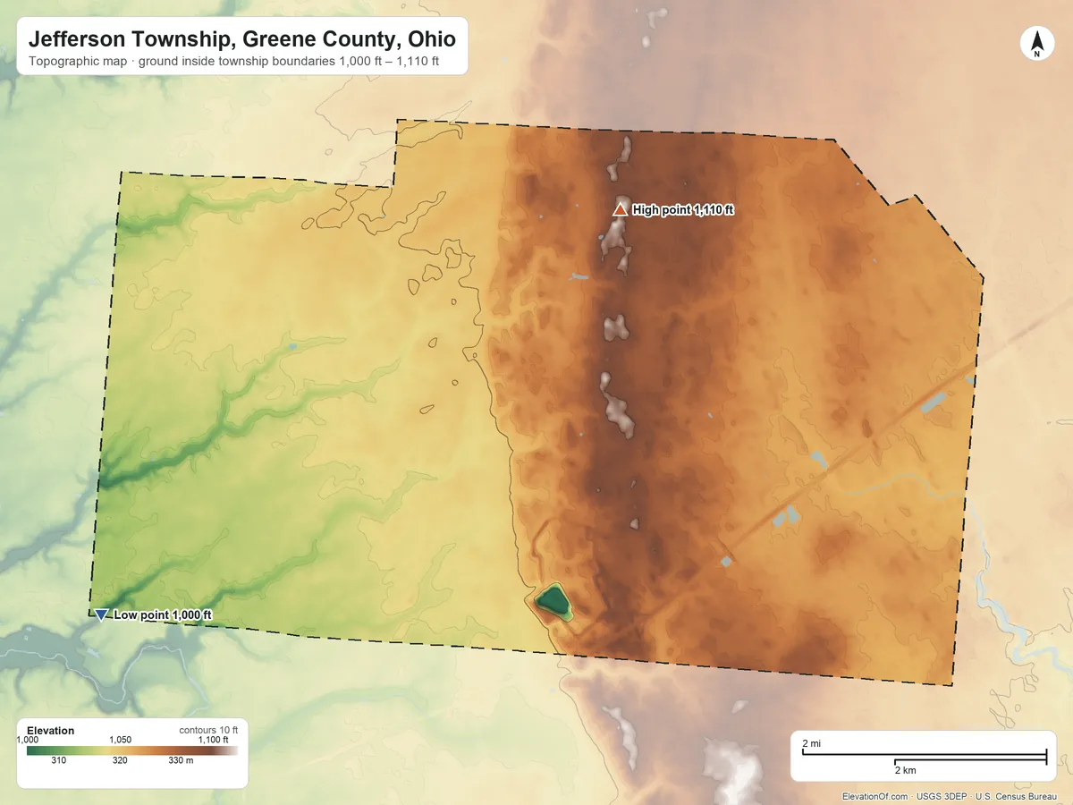 Topographic elevation map of Jefferson Township, Greene County, Ohio, shaded from 1,000 ft on the southwest side to 1,110 ft on the northeast side