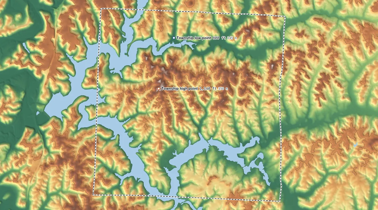 Topographic elevation map of Jefferson Township, Guernsey County, Ohio, shaded from 800 ft on the north side to 1,140 ft on the northwest side