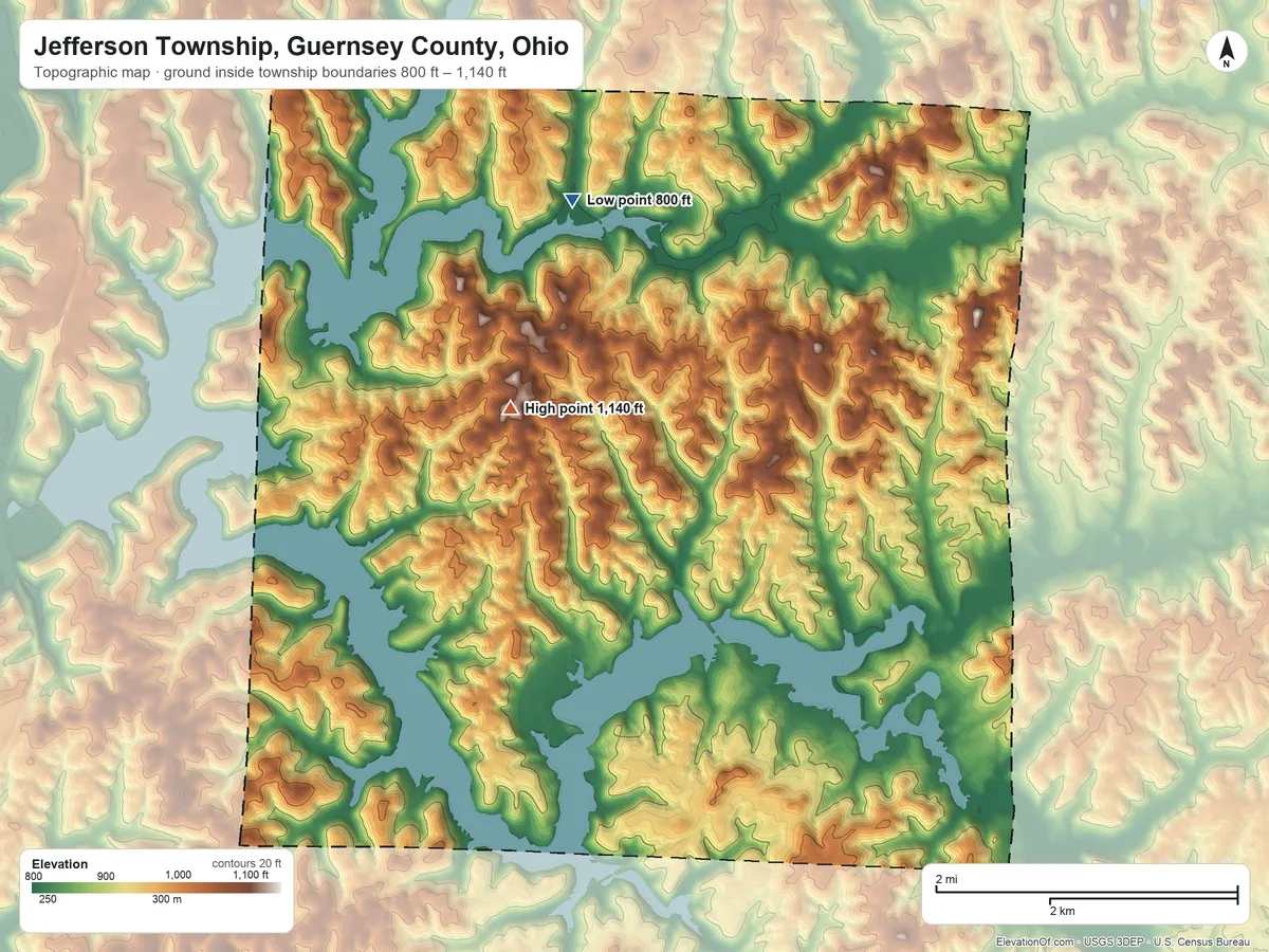 Topographic elevation map of Jefferson Township, Guernsey County, Ohio, shaded from 800 ft on the north side to 1,140 ft on the northwest side