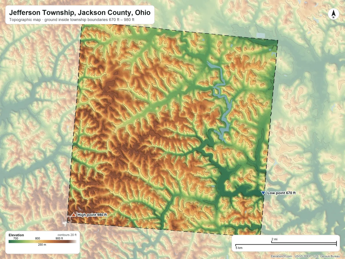 Topographic elevation map of Jefferson Township, Jackson County, Ohio, shaded from 670 ft on the southeast side to 980 ft on the southwest side
