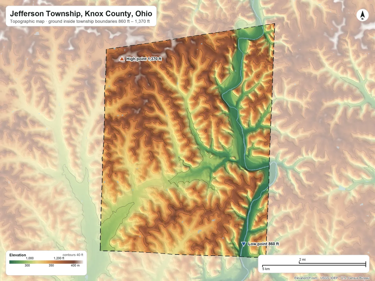 Topographic elevation map of Jefferson Township, Knox County, Ohio, shaded from 860 ft on the southeast side to 1,370 ft on the northwest side