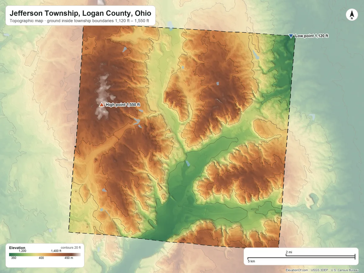 Topographic elevation map of Jefferson Township, Logan County, Ohio, shaded from 1,120 ft on the northeast side to 1,550 ft on Campbell Hill