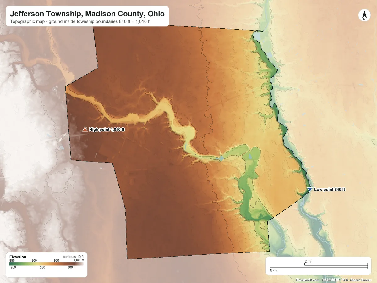 Topographic elevation map of Jefferson Township, Madison County, Ohio, shaded from 840 ft on the east side to 1,010 ft on the west side
