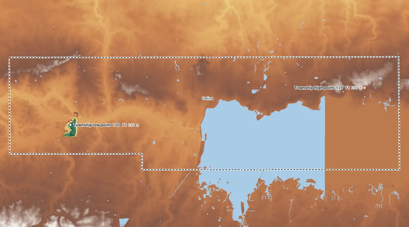 Topographic elevation map of Jefferson Township, Mercer County, Ohio, shaded from 780 ft on the west side to 910 ft on the east side
