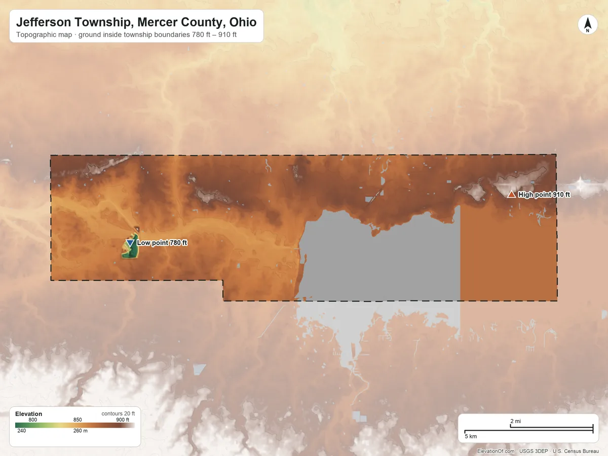 Topographic elevation map of Jefferson Township, Mercer County, Ohio, shaded from 780 ft on the west side to 910 ft on the east side