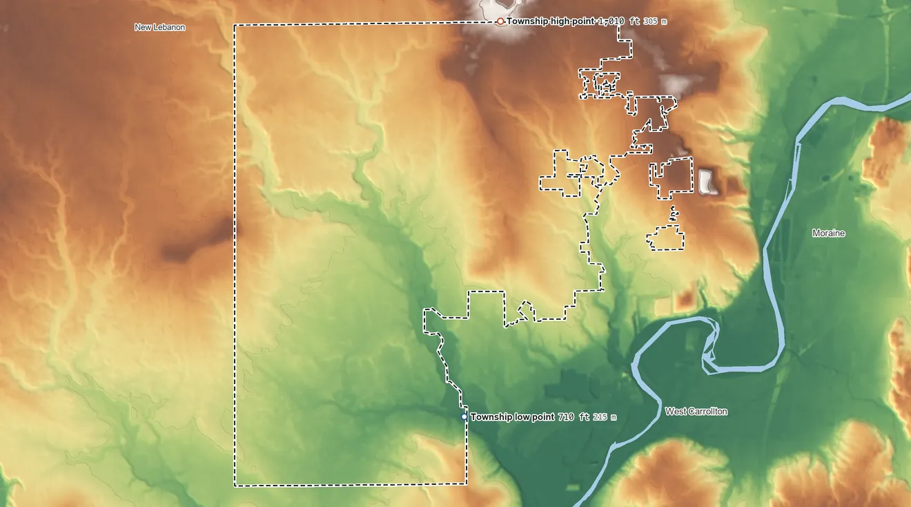 Topographic elevation map of Jefferson Township, Montgomery County, Ohio, shaded from 710 ft on the south side to 1,010 ft on the north side