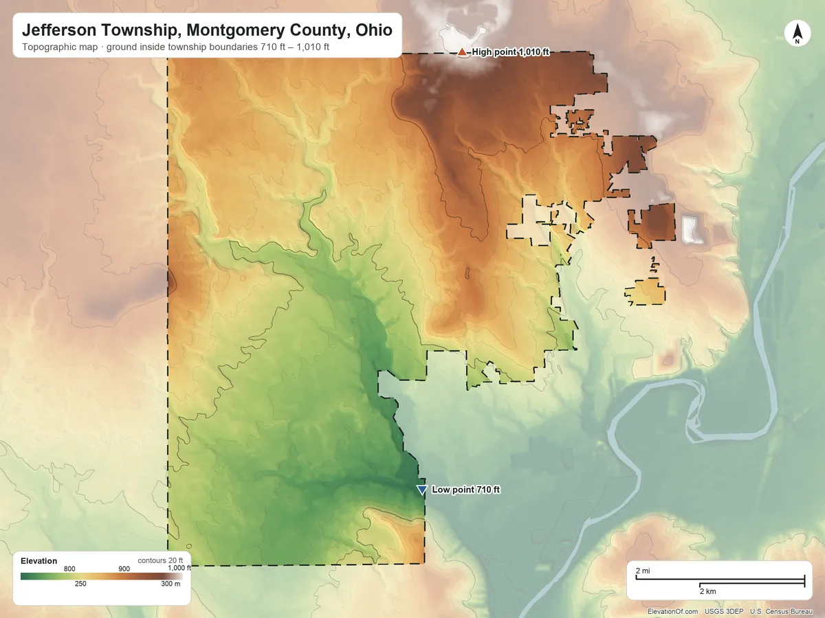 Topographic elevation map of Jefferson Township, Montgomery County, Ohio, shaded from 710 ft on the south side to 1,010 ft on the north side