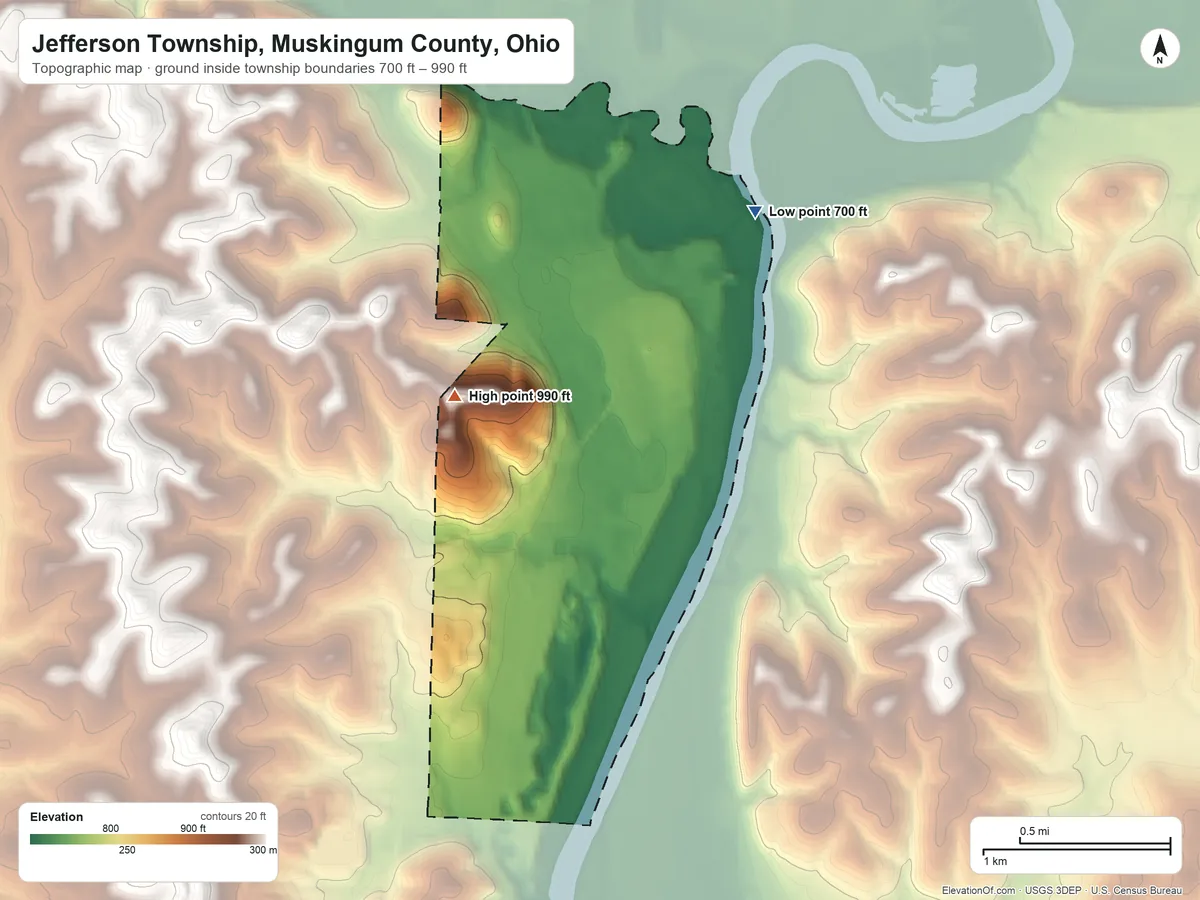 Topographic elevation map of Jefferson Township, Muskingum County, Ohio, shaded from 700 ft on the northeast side to 990 ft on the southwest side