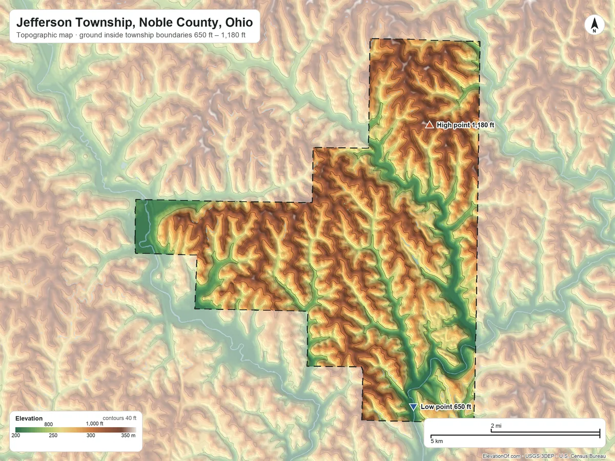 Topographic elevation map of Jefferson Township, Noble County, Ohio, shaded from 650 ft on the south side to 1,180 ft on the northeast side