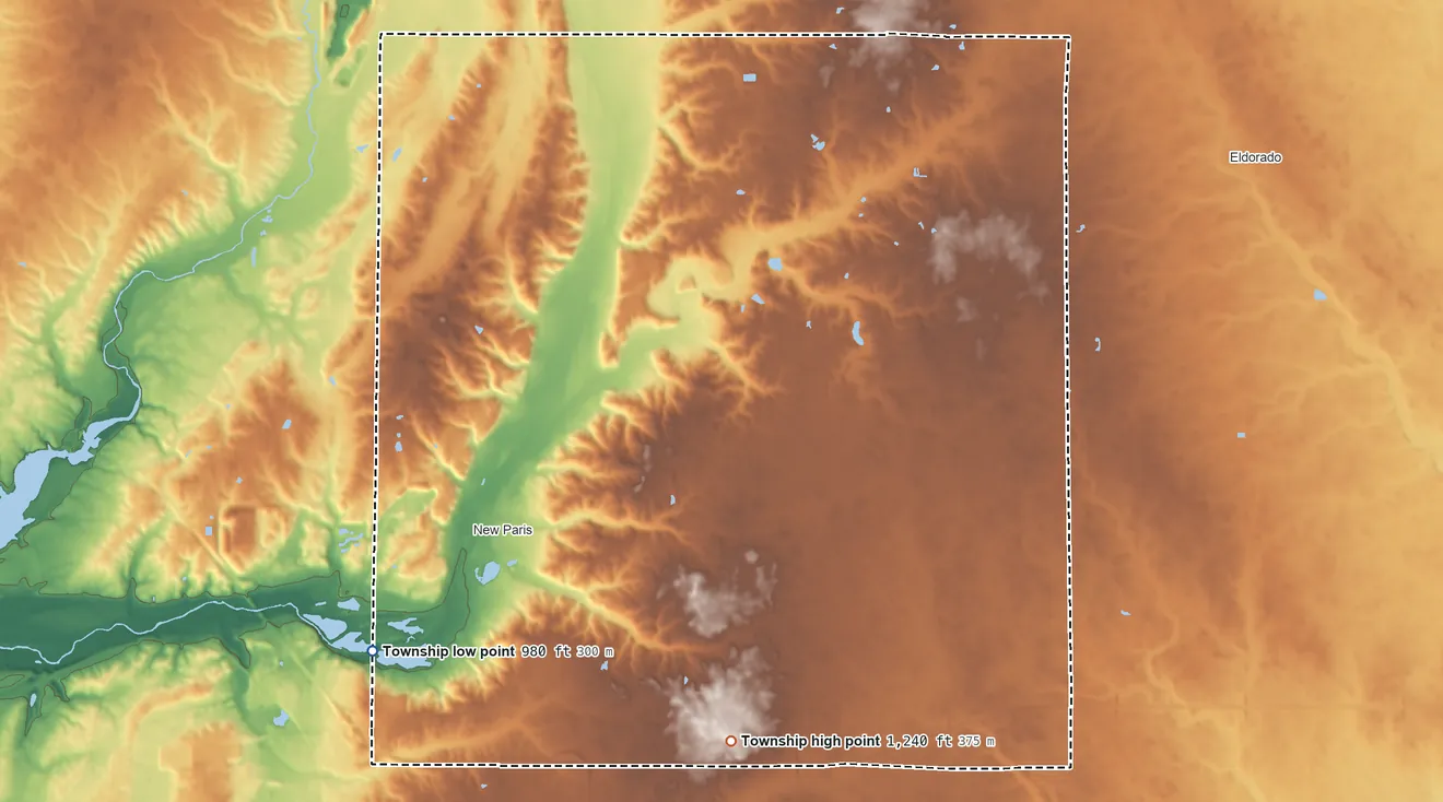 Topographic elevation map of Jefferson Township, Preble County, Ohio, shaded from 980 ft on the southwest side to 1,240 ft on the southeast side