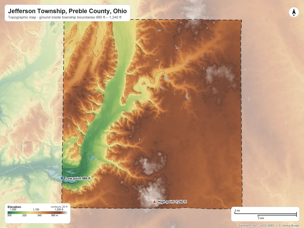 Topographic elevation map of Jefferson Township, Preble County, Ohio, shaded from 980 ft on the southwest side to 1,240 ft on the southeast side