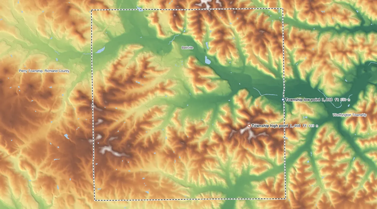 Topographic elevation map of Jefferson Township, Richland County, Ohio, shaded from 1,080 ft on the east side to 1,460 ft on the southeast side