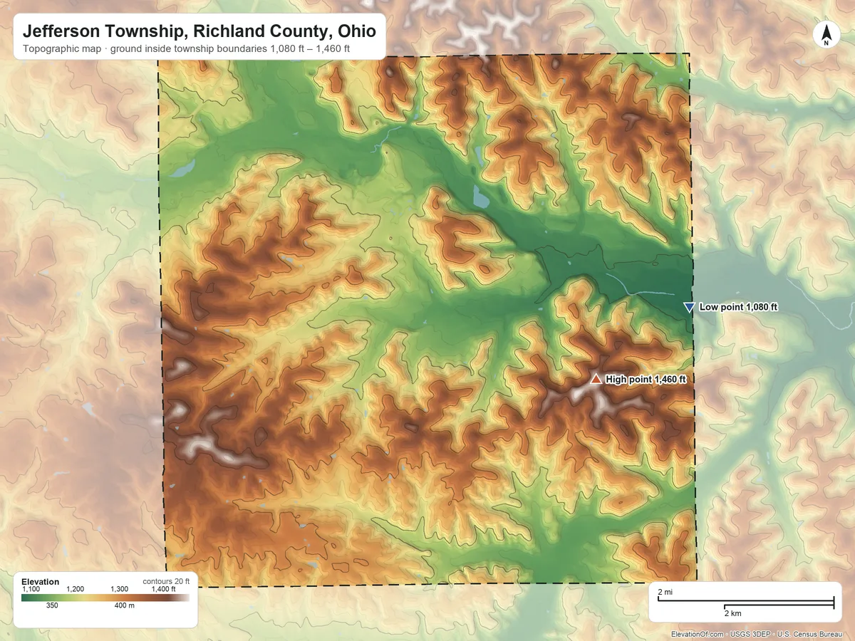 Topographic elevation map of Jefferson Township, Richland County, Ohio, shaded from 1,080 ft on the east side to 1,460 ft on the southeast side