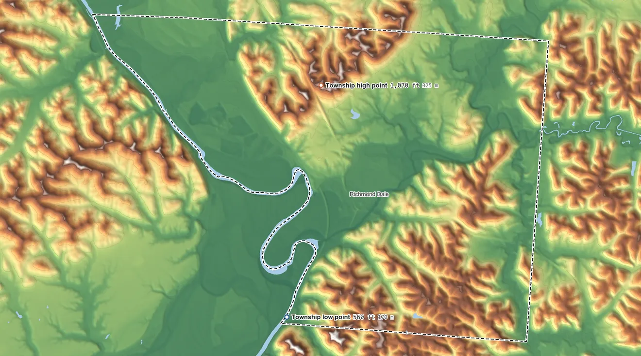 Topographic elevation map of Jefferson Township, Ross County, Ohio, shaded from 560 ft on the southwest side to 1,070 ft on the northwest side
