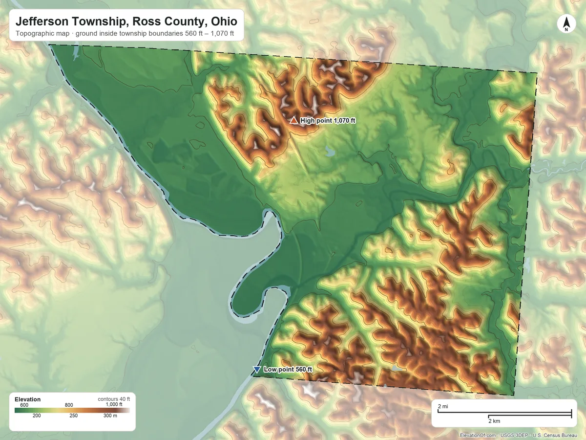 Topographic elevation map of Jefferson Township, Ross County, Ohio, shaded from 560 ft on the southwest side to 1,070 ft on the northwest side